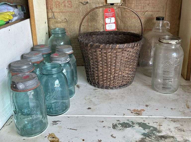 Early Woven Basket & Glass Jars