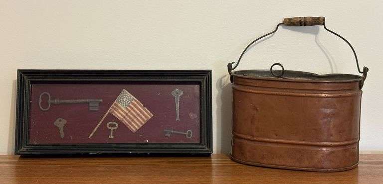 Copper Minnow Bucket & Framed Brass Key Display
