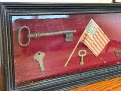 Copper Minnow Bucket & Framed Brass Key Display