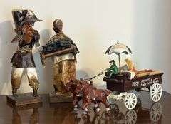 Paper Mache Folk Art & Cast Iron Horse-Drawn Wagon
