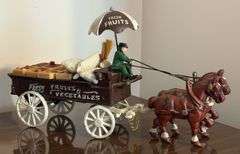 Paper Mache Folk Art & Cast Iron Horse-Drawn Wagon
