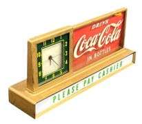 1940s Drink Coca-Cola In Bottles "Please Pay Cashier" Metal Counter Lighted Clock and Sign Display