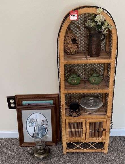 Wicker Shelving Unit, Framed Artwork & Decorative Items image