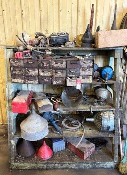 Hardware Bin, Vintage Funnels & Wooden Display Shelf image