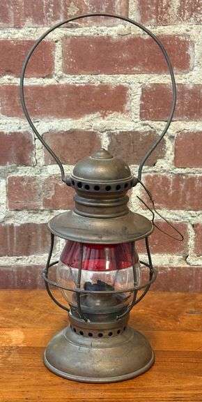 Early Brass "Geo. M. Clark Co" Railroad Lantern with Red Globe image