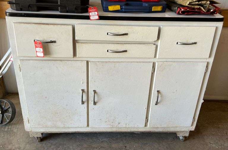 Vintage Enamel Top Cabinet On Castors image