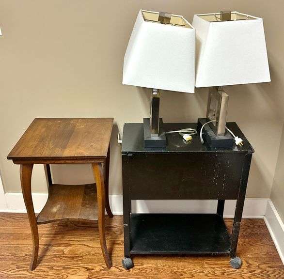 Vintage Table, Mobile File Cabinet, & Lamps image