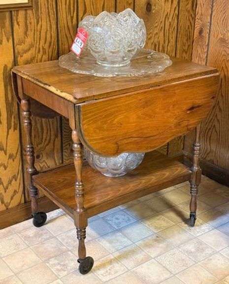 Early Drop Leaf Wooden Cart & Glass Punch Bowls image