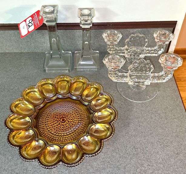 Carnival Glass Egg Plate & Candle Holders image