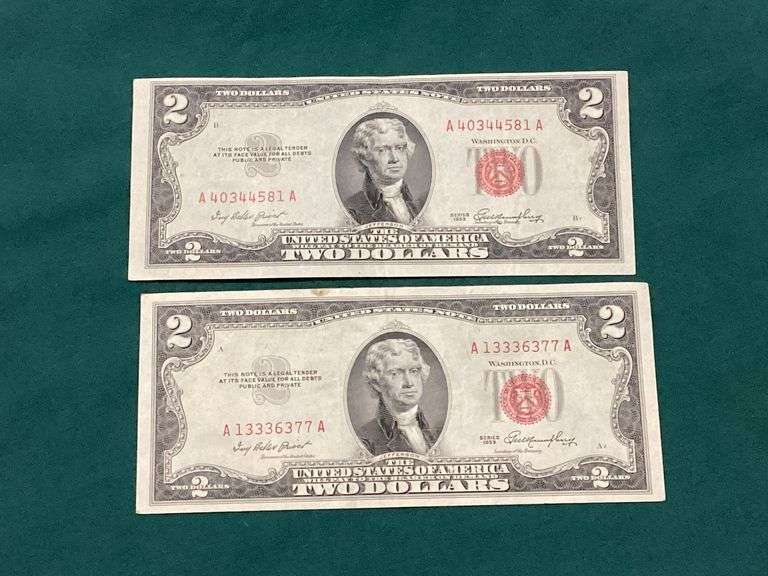 Two 1953 $2 red seal Legal Tender notes, VF/XF image