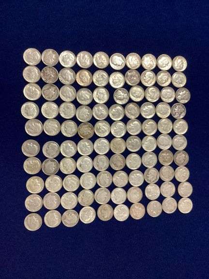 100 circulated, mixed date 90% silver dimes image