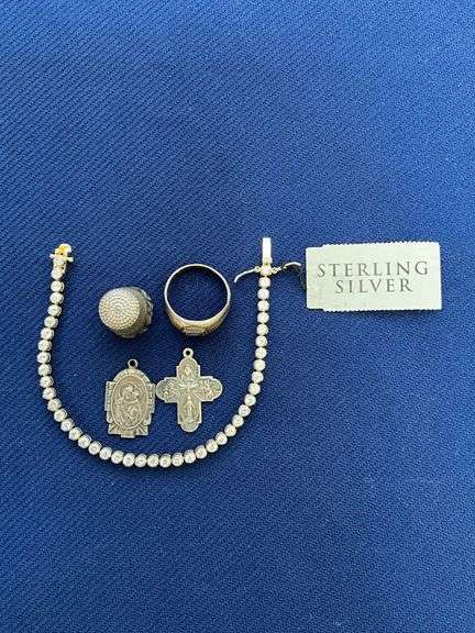 Sterling thimble, religious pendant, cross, 7 1/2" L bracelet, size 10 1/4 ring image