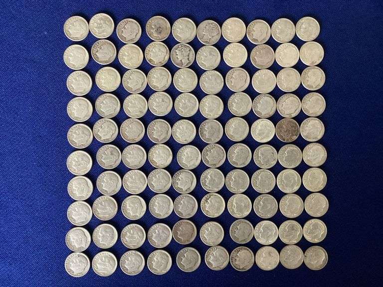 100 circulated, mixed date Roosevelt dimes image