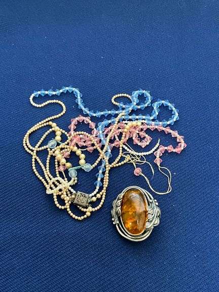 Sterling brooch with amber, necklace with sterling clasp image