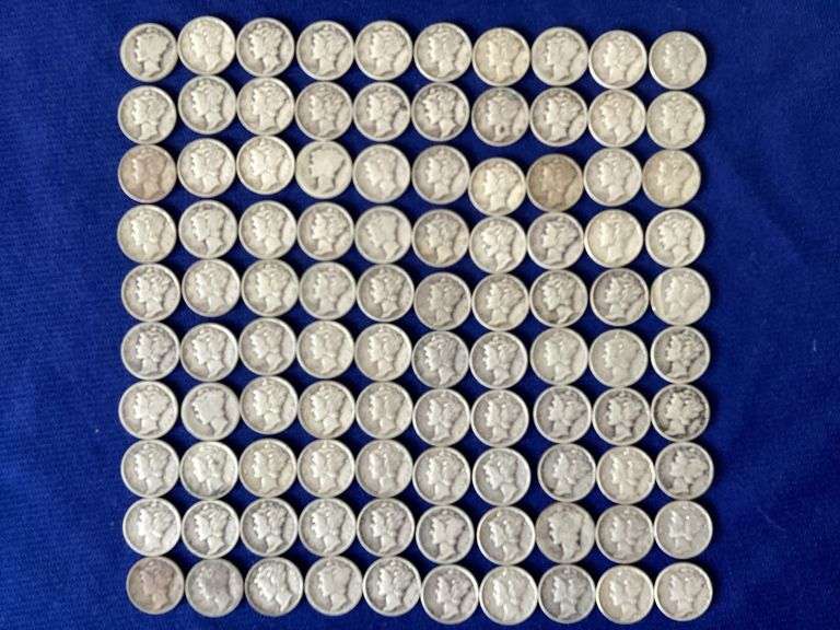 100 circulated, mixed date Mercury dimes image