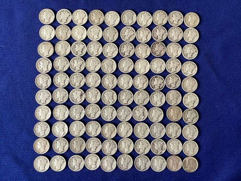 100 circulated, mixed date Mercury dimes image