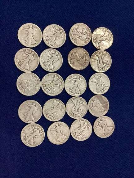 20 mixed date, circulated Walking Liberty halves image