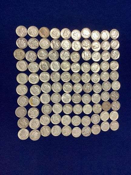 100 circulated, mixed date 90% silver dimes image