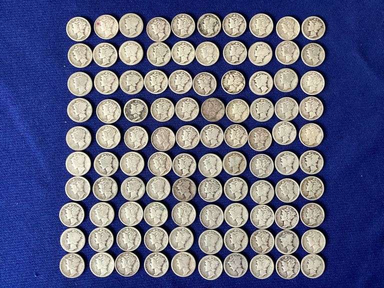 100 circulated, mixed date Mercury dimes image
