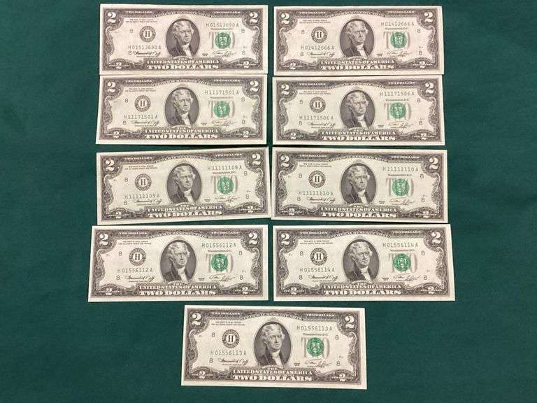 Nine 1976 $2 Federal Reserve notes, all Crisp Unc image