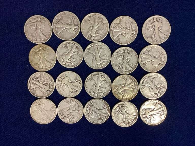 20 mixed date, circulated Walking Liberty halves image