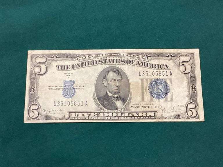 1934-D $5 silver certificate, close to VF image