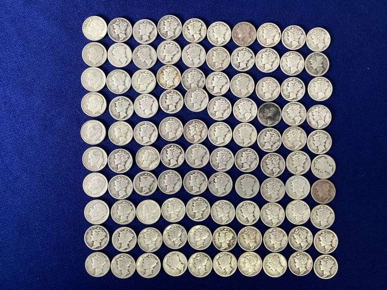 100 circulated, mixed date 90% silver dimes image