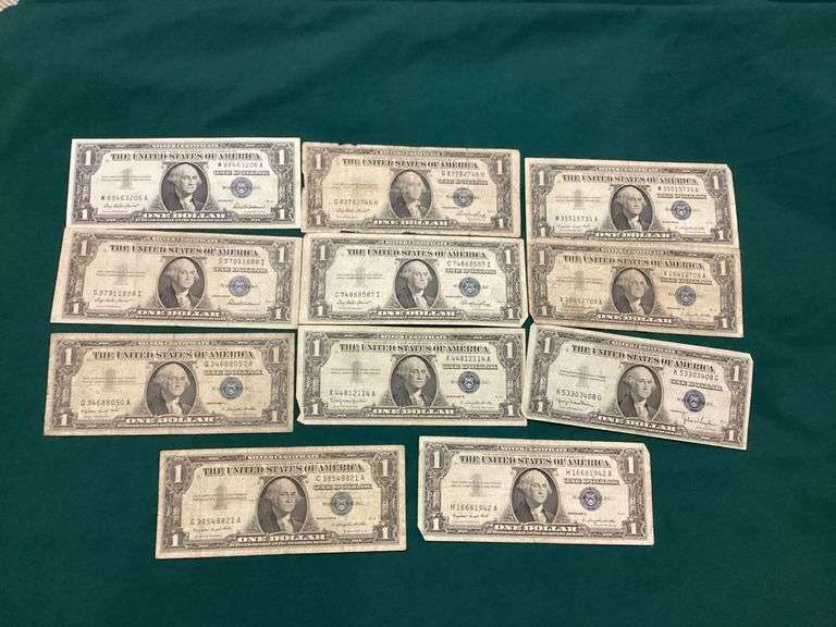 Eleven circulated mixed series $1 silver certificates image