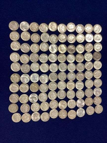 100 circulated, mixed date Roosevelt dimes image