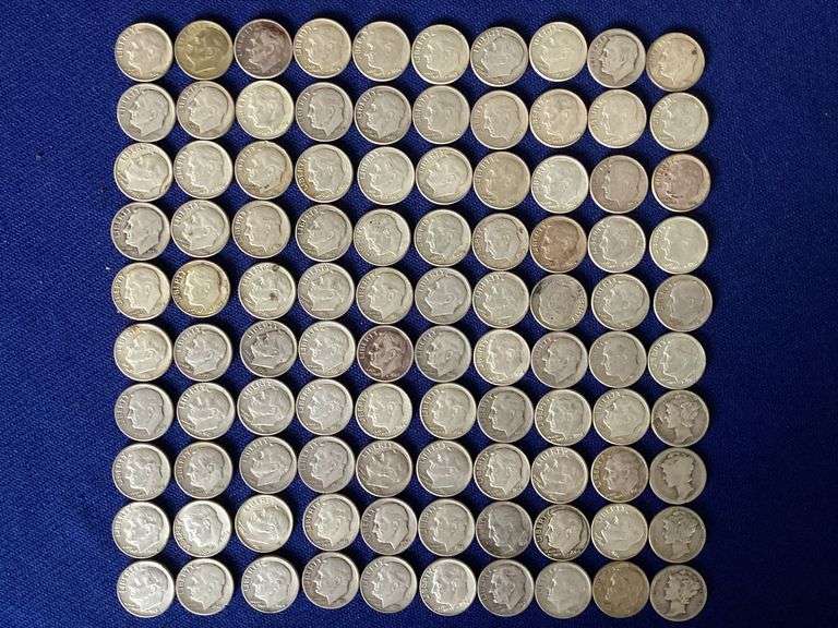 100 circulated, mixed date 90% silver dimes image