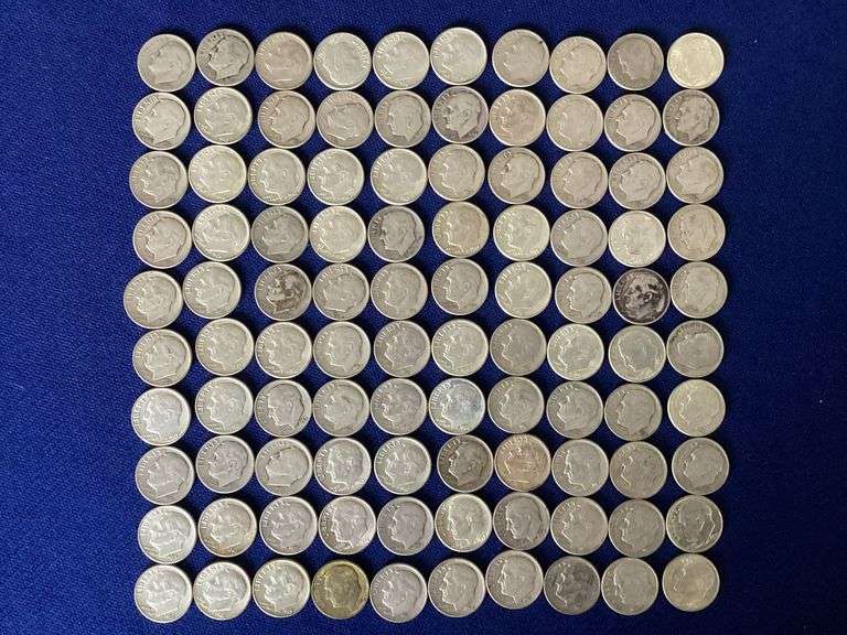 100 circulated, mixed date Roosevelt dimes image