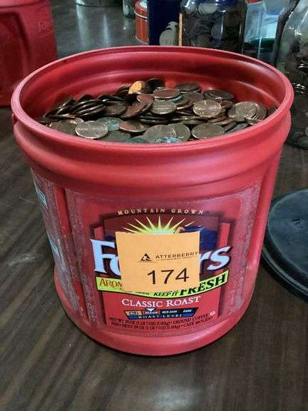 Folgers 2.7 lb. jar filled with Lincoln cents image