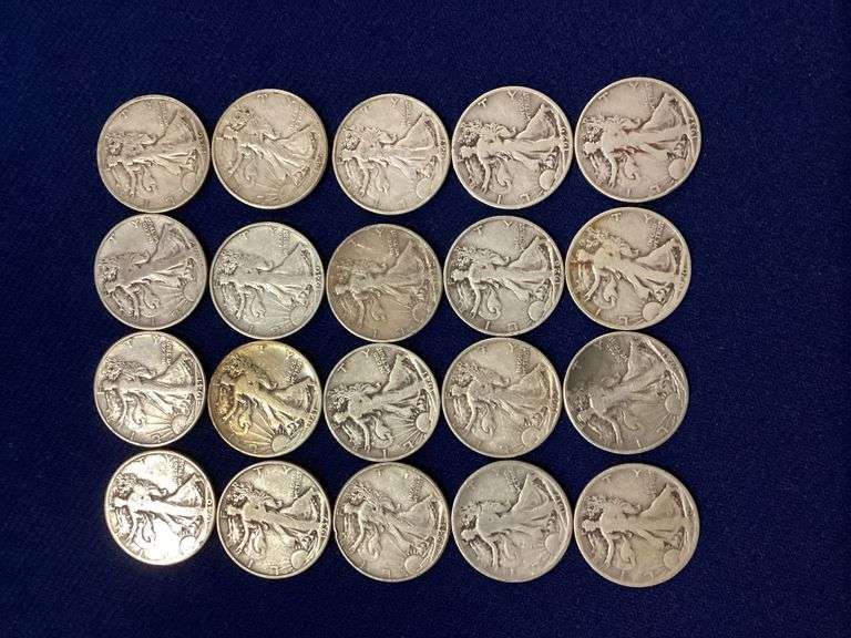 20 mixed date, circulated Walking Liberty halves image