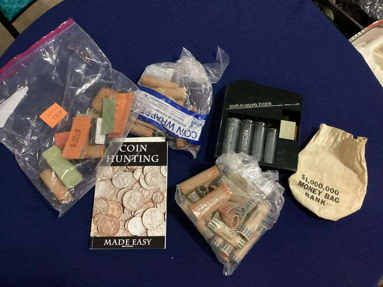 Coin rolls, coin counter, Coin Hunting book, bank bag image