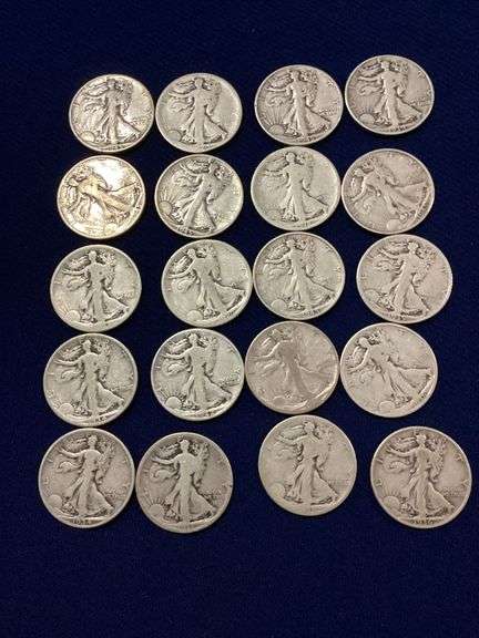 20 mixed date, circulated Walking Liberty halves image