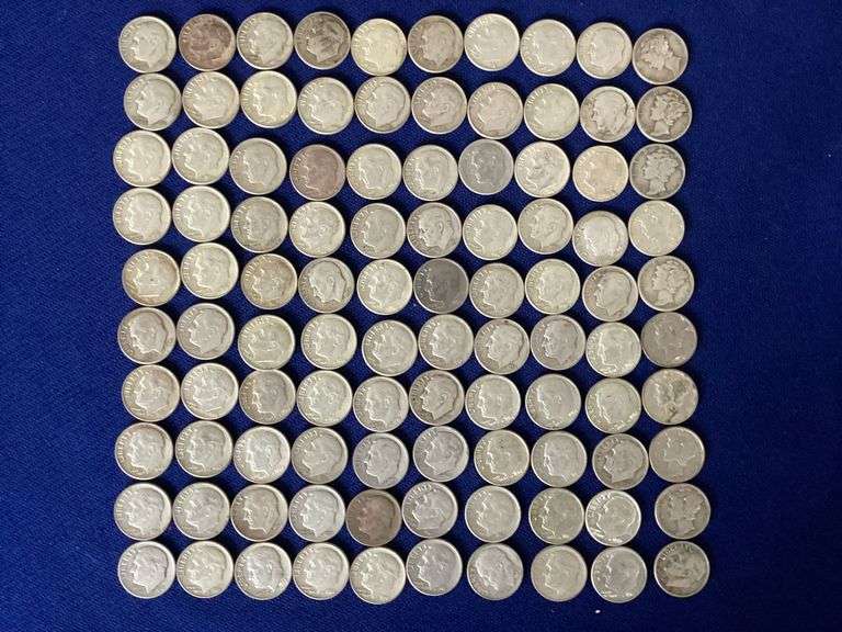 100 circulated, mixed date 90% silver dimes image