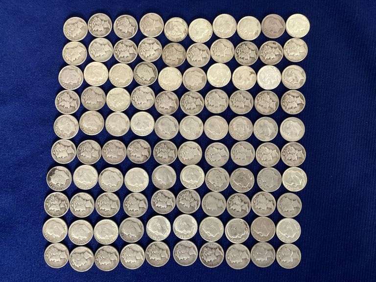 100 circulated, mixed date 90% silver dimes image