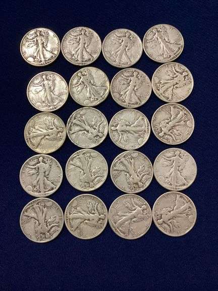 20 mixed date, circulated Walking Liberty halves image