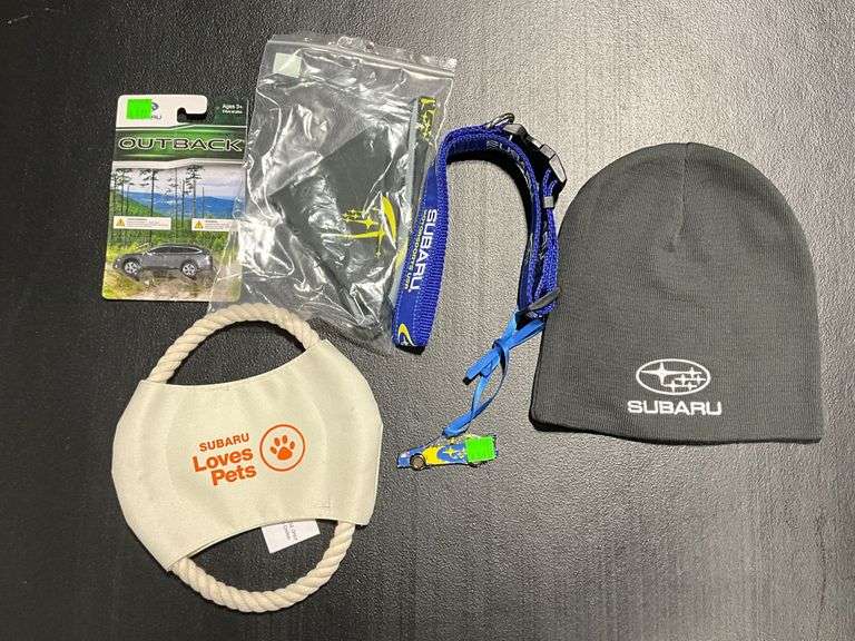 Subaru dog collar, toy, bandana
