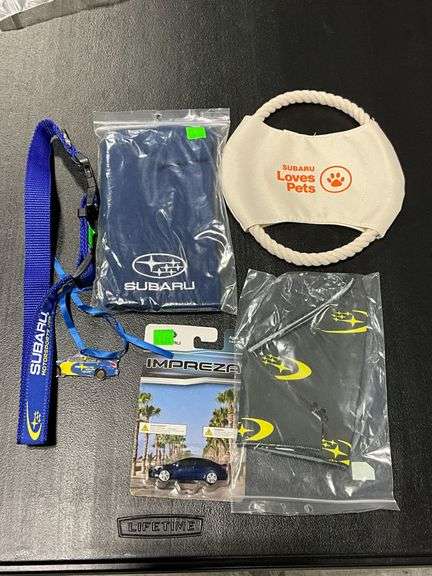 Subaru dog collar, toy, bandana