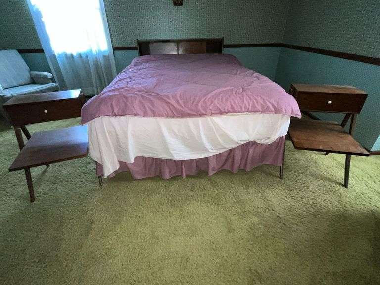 Drexel MCM headboard 54" W, pair of Drexel MCM nightstands, Drexel MCM dresser and mirror 66 1/2" W image