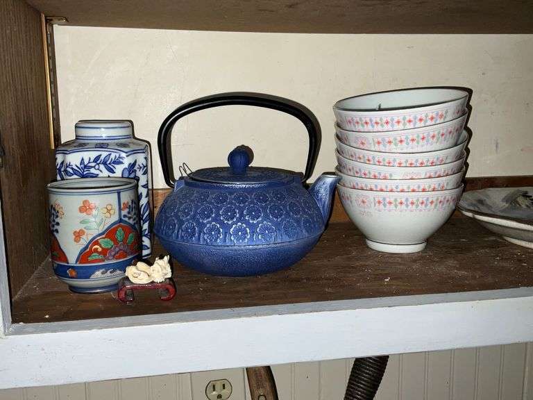 Cast iron tea kettle, dragon, bowls, etc. image
