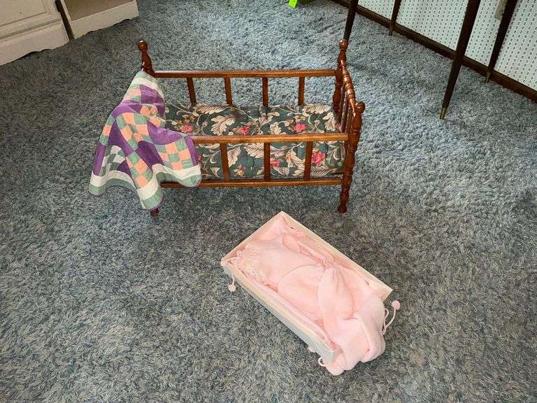 Doll bed, 9 patch quilt, baby sweater set. image