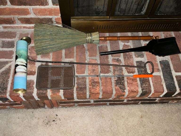 Fireplace tools, shovel broom, matches, popcorn popper, poker. image