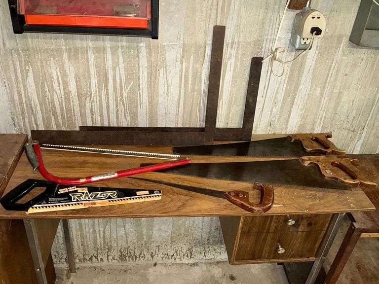 Bow saw, hand saws, jab saw, pair of squares image