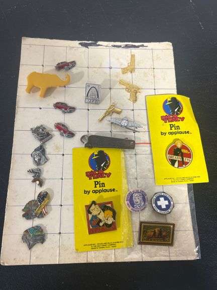 Assorted Pinback Lot - Dick Tracy, Stamps, Hospital Volunteer, Guns & More image