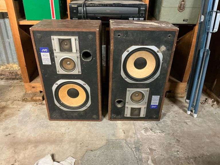 Wooden shelf 46" W x 12" D x 73" T and contents, JVC speakers, stereo equipment image