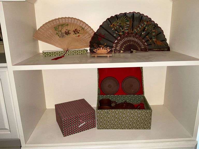 Oriental tea set, fans, boxes, etc. image