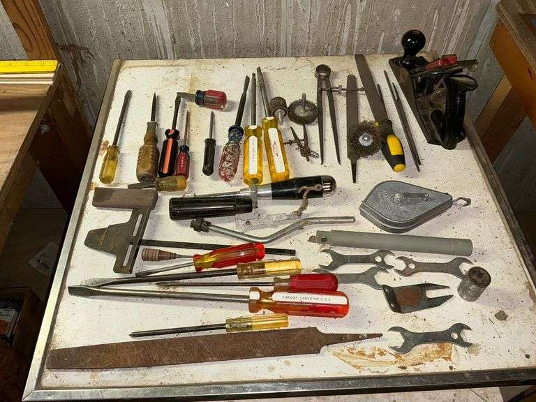 Chalk tape, files, block plane, screwdrivers, wire wheel, etc. image