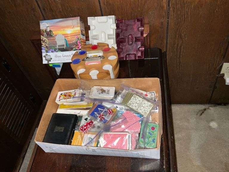 Poker chips and playing cards, card racks image